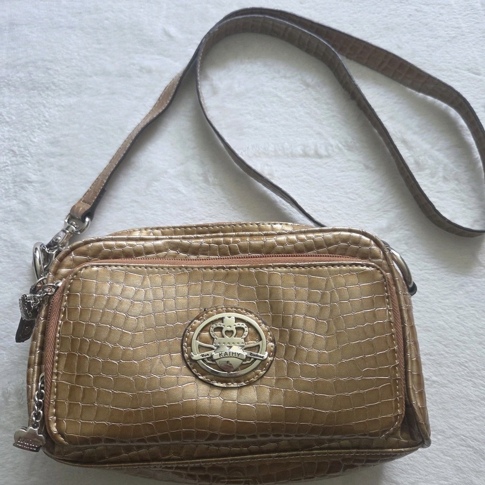 Kathy Van Zeeland Bronze Gold Croc Embossed Crossbody Y2K Crown Bling